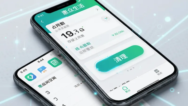 一张展示惠众生活应用轻量运行特性的图片,画面主体是手机屏幕显示存储空间管理界面,布局为顶部占用数据、中部清理按钮、底部应用列表,排版简洁,风格科技感,细节清晰,画质干净,屏幕中带有“惠众生活”标识,无多余元素