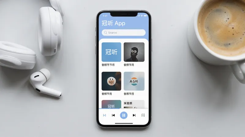 画面中央是一部智能手机，屏幕显示着“冠听”App的主界面，界面设计简洁，以柔和的蓝白配色为主，顶部有搜索栏，中间是音频节目列表，每个节目配有方形封面图和标题，底部是播放控制栏，整体布局清晰，风格现代扁平，背景是浅灰色的桌面，桌面上有一副白色无线耳机和一杯咖啡，画质干净，无多余元素