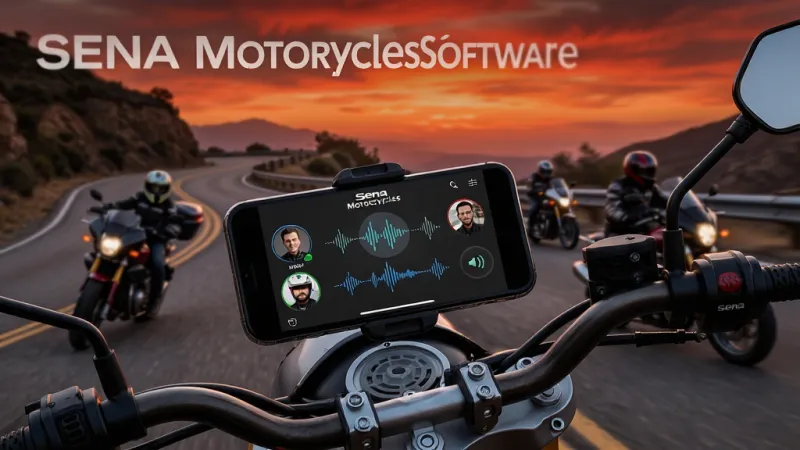 一张展示Sena Motorcycles软件核心全貌的宣传图，画面主体是一部安装在摩托车车把上的智能手机，手机屏幕显示Sena Motorcycles的群组对讲界面，界面中有多个骑手头像和实时语音波纹图标，背景是一条蜿蜒的山路，几辆摩托车正在骑行，天空是傍晚的橙红色，画面风格写实科技感，排版清晰，细节丰富，画质高清，干净无多余元素。