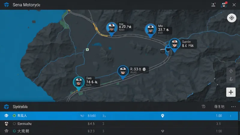 Sena Motorcycles软件的地图位置共享界面，画面主体是一张带有地形起伏的电子地图，地图上有多个骑手头像图标沿着一条弯曲的公路分布，每个图标旁边有名字标签和实时速度显示，地图下方是车队成员列表，界面风格简洁硬朗，颜色以深灰和亮蓝为主，排版清晰，细节丰富，画质高清，干净无多余元素。