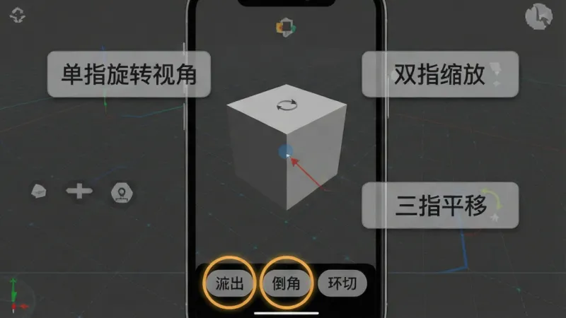 一张展示Blender三维建模新手操作界面的图片,画面中手机屏幕显示着一个简单的立方体模型,屏幕四周有半透明的操作提示浮层,分别标注着“单指旋转视角”“双指缩放”“三指平移”,底部工具栏里挤出、倒角、环切三个按钮被高亮圈出,背景是深灰色三维网格,风格清晰易懂,画质干净,无多余装饰元素。