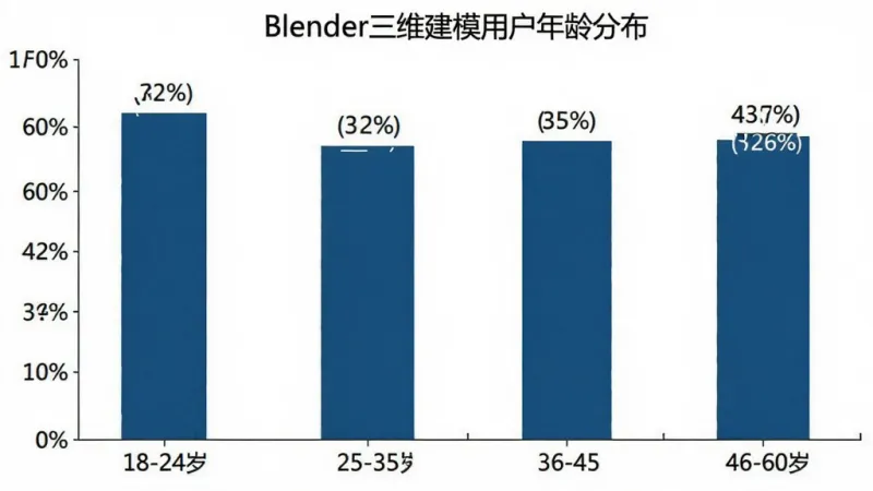 一张展示Blender三维建模用户年龄分布的柱状图图片,横轴标注年龄段分别为18-24岁、25-35岁、36-45岁、46-60岁,纵轴标注用户占比百分比,柱状图用深蓝色柱体表示,每个柱体顶部有具体的百分比数字标签,图表标题为“Blender三维建模用户年龄分布”,背景为白色,风格简洁专业,画质清晰干净,无多余装饰元素。