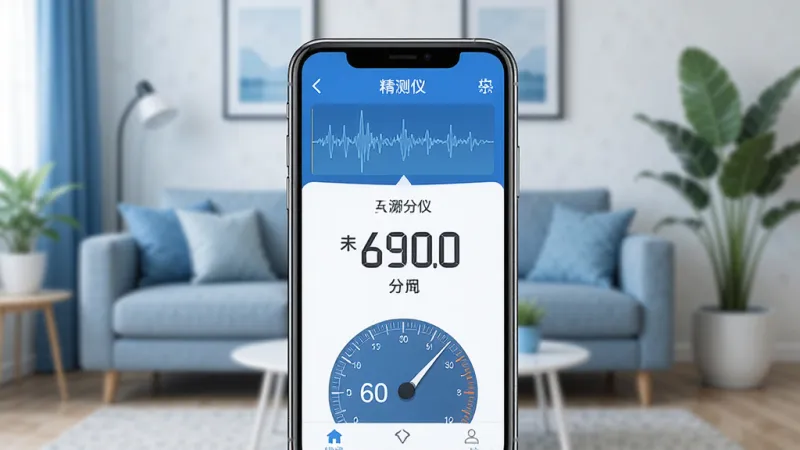 一个现代风格的手机应用界面展示,画面中央是一部智能手机,屏幕上显示着精测分贝仪的测量主界面,大大的分贝数值显示在中间,周围有波形图和刻度盘,背景是安静的客厅环境,有沙发和绿植,整体色调清爽干净,蓝白配色为主,画质清晰,无多余元素