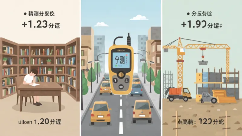 一张信息图风格的图片,展示精测分贝仪在不同场景下的应用,左侧是安静的图书馆,中间是繁忙的街道,右侧是施工现场,每个场景旁边有对应的分贝数值范围,画面中央有精测分贝仪的图标,整体风格扁平化,色彩柔和,画质干净,无多余元素