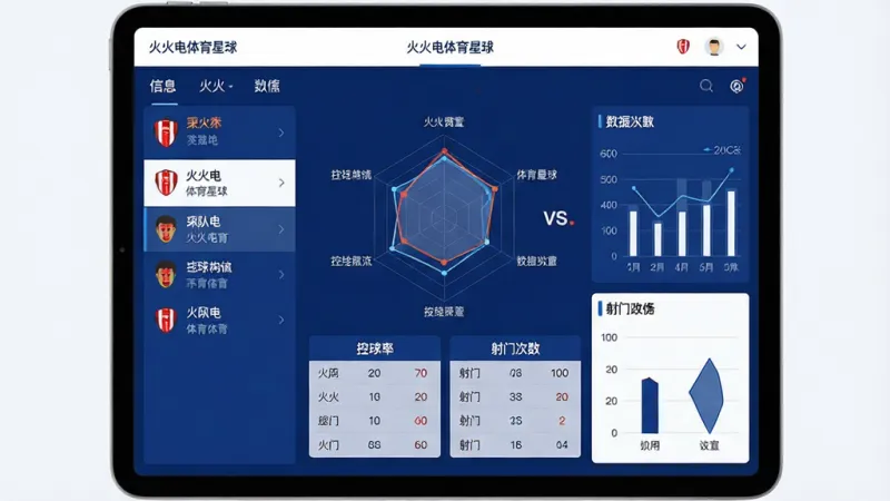 一张展示火火电体育星球数据统计功能的图片,主体是一个平板电脑屏幕,屏幕上显示着火火电体育星球的比赛数据详情页,页面中央是一个对阵双方的雷达图对比,下方是控球率、射门次数等详细数据列表,布局是左右分栏,左侧是球队信息,右侧是数据图表,风格是简洁现代的扁平化设计,以深蓝色和白色为主色调,细节上图表线条流畅,数据标签清晰,画质高清,干净,无多余元素,图片中带有文字“火火电体育星球”。