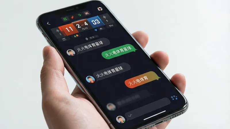 一张展示火火电体育星球在手机上运行流畅的图片,主体是一只手拿着智能手机,屏幕上显示着火火电体育星球的比赛直播聊天室界面,聊天室内有用户正在发送文字消息,界面上方是比分牌,布局是典型的聊天应用排版,风格是深色背景搭配高亮文字气泡,细节上手机边缘有轻微反光,画质高清,干净,无多余元素,图片中带有文字“火火电体育星球”。
