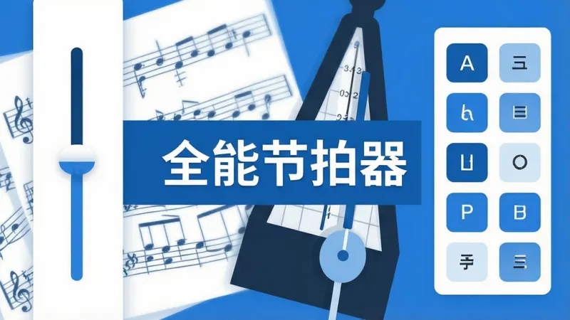 一张全能节拍器功能展示图,画面左侧是速度调节滑块,右侧是拍号选择面板,背景是乐谱和节拍器摆锤的抽象图案。画面中央有“全能节拍器”文字,整体风格扁平化设计,蓝白主色调,布局清晰,画质干净,无多余元素。