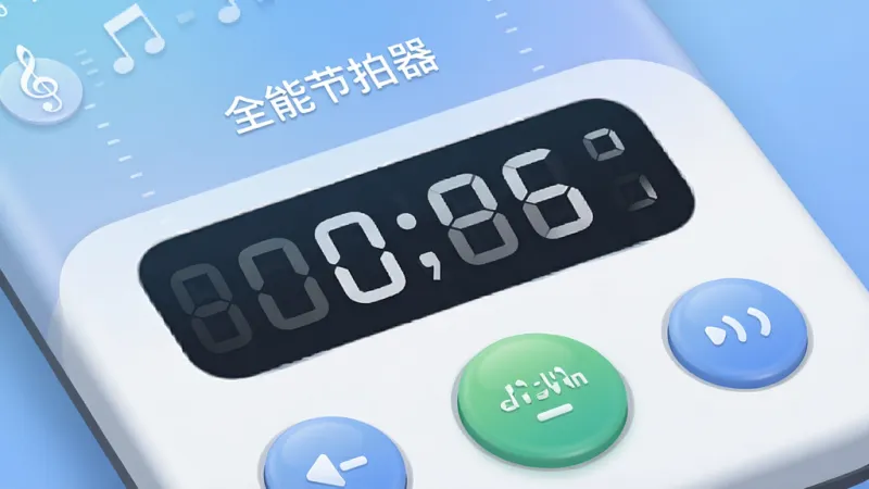 一张全能节拍器界面细节图,画面特写主界面的速度数字区域和主要控制按钮,背景是柔和的蓝色渐变。画面中有“全能节拍器”文字标识,整体风格简洁现代,按钮圆润有质感,布局清晰,画质干净,无多余元素。