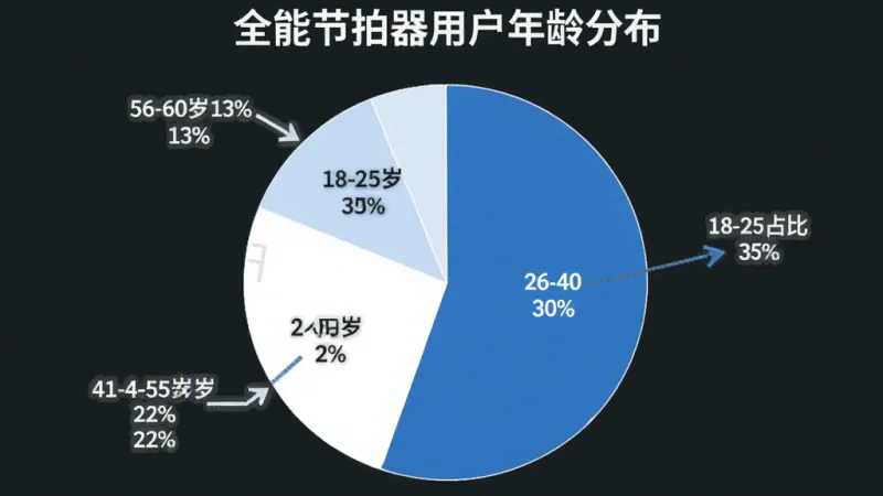 一张饼状图,展示全能节拍器用户年龄分布,图中标注18-25岁占比35%,26-40岁占比30%,41-55岁占比22%,56-60岁占比13%。图表风格简洁现代,蓝白配色,数据标签清晰,画质干净,无多余元素。