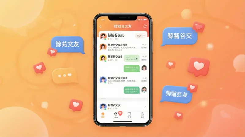 一张展示“鲸智谷交友”App核心界面的手机样机图，画面中央是手机屏幕，屏幕内显示“鲸智谷交友”的聊天列表和匹配界面，背景是温馨的暖色调渐变，周围漂浮着聊天气泡和爱心图标，风格现代扁平，细节圆润，画质干净清晰，无多余元素。