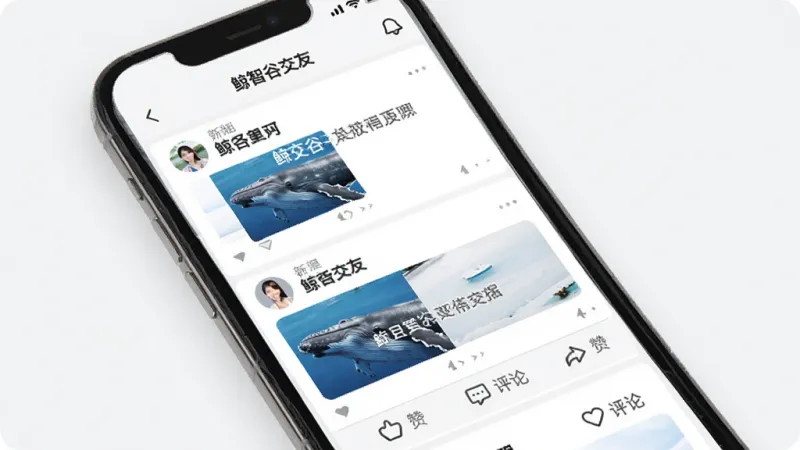 一张展示“鲸智谷交友”动态广场页面的手机界面图，画面中显示几条用户动态，配有图片和文字，下方有点赞和评论图标，界面布局清晰，以白色和浅灰色为主，风格清新，画质干净，无多余元素。