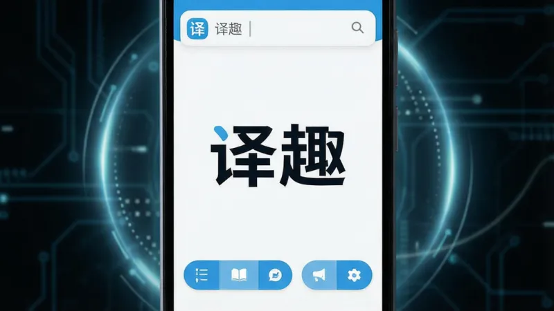 一张展示“译趣”软件核心全貌的图片,主体为一部安卓手机屏幕亮起显示译趣APP主界面,界面中央有醒目的“译趣”文字Logo,布局包含顶部输入框和底部功能按钮,排版简洁居中,风格为现代扁平化设计,细节上手机周围有轻微的科技感光晕,画质清晰干净,无多余元素