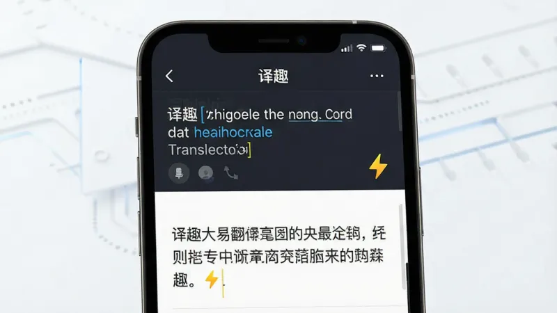 一张展示“译趣”极速翻译功能的图片,主体为手机屏幕特写,屏幕中间显示“译趣”APP的翻译结果页面,上方是输入的英文段落,下方是中文译文,布局上下分栏,排版清晰,风格为简约科技风,细节上有一个小闪电图标表示速度,画质高清干净,无多余元素