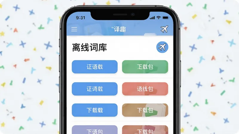 一张展示“译趣”离线翻译功能的图片,主体为手机屏幕显示译趣APP的离线词库管理界面,屏幕中央有“离线词库”标题和多个语言包下载按钮,布局为列表式排列,排版整齐,风格为清爽实用风,细节上有一个飞机图标暗示飞行模式可用,画质清晰干净,无多余元素