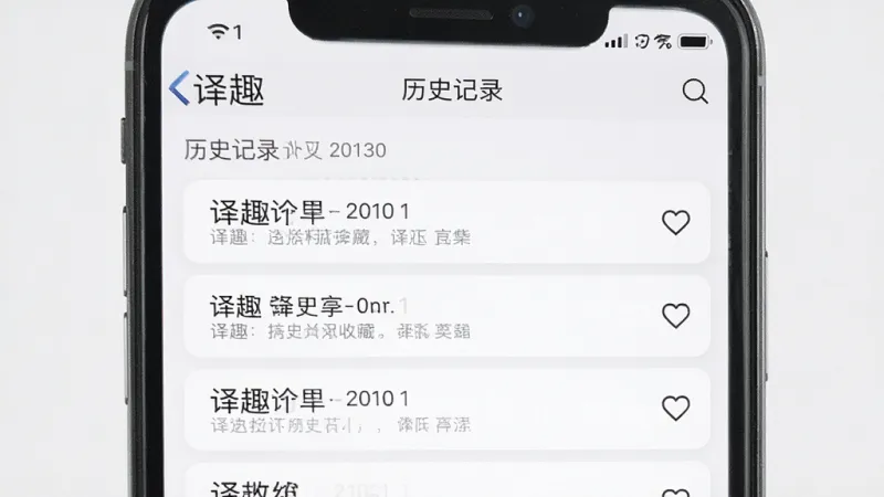 一张展示“译趣”历史记录与收藏功能的图片,主体为手机屏幕显示译趣APP的历史记录页面,屏幕中央有按时间排列的翻译条目列表,布局为卡片式排列,排版清晰,风格为实用工具风,细节上每条记录旁有心形收藏图标,画质高清干净,无多余元素