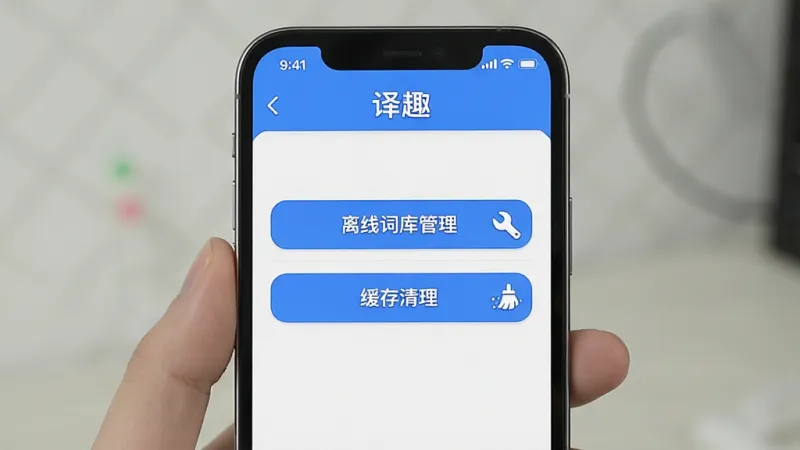一张展示“译趣”新手安装设置的图片,主体为手机屏幕显示译趣APP的设置页面,屏幕中央有“离线词库管理”和“缓存清理”两个选项按钮,布局为纵向列表,排版清晰,风格为引导教学风,细节上有一个小扳手图标表示设置,画质清晰干净,无多余元素