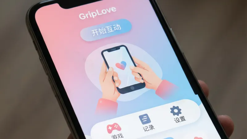 一张手机屏幕特写，画面中央显示“GripLove”应用主界面，界面以柔和的粉蓝渐变为主色调，顶部有“开始互动”按钮，中间是两只手握住手机两端的插画，底部有“游戏”“记录”“设置”三个图标，风格清新简洁，细节圆润，画质干净，无多余元素