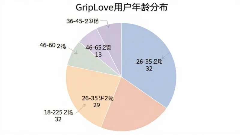 一张饼状图，标题为“GripLove用户年龄分布”，图中显示18-25岁占32%，26-35岁占29%，36-45岁占23%，46-60岁占16%，配色柔和，标签清晰，风格简洁，画质干净，无多余元素