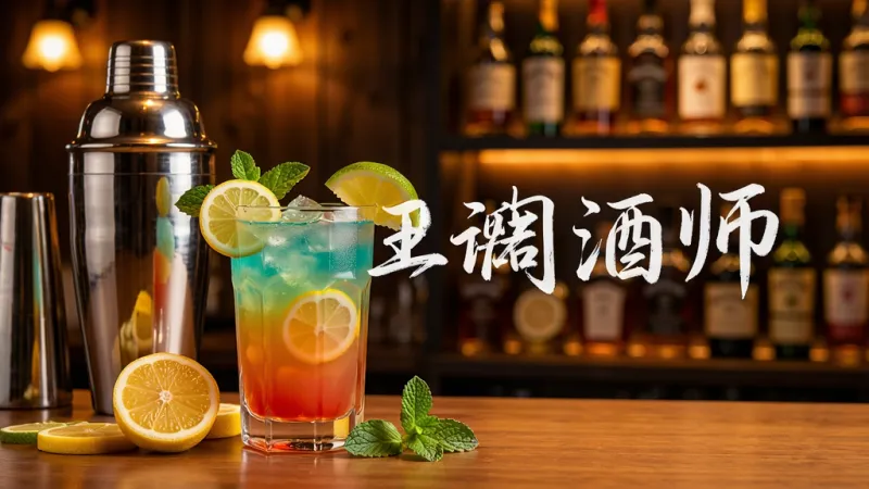 一杯色彩鲜艳的鸡尾酒放在木质吧台上，旁边散落着柠檬片、薄荷叶和调酒壶，背景是暖色调的灯光和摆满酒瓶的置物架，画面中央用白色手写体写着“王牌调酒师”，整体风格轻松明快，细节丰富，画质清晰干净无多余元素