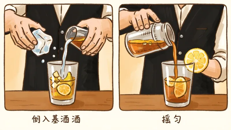 调酒步骤分解图，画面分为四个小格，分别展示加冰、倒入基酒、摇匀、装饰柠檬片的过程，每格下方配有简短文字说明，整体色调温暖，手绘风格，画质干净无多余元素