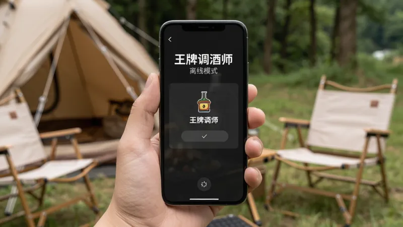 一只手拿着手机，手机屏幕显示“王牌调酒师”离线模式界面，背景是户外露营场景，有帐篷和折叠椅，画面整体色调自然，突出手机屏幕内容，画质清晰干净无多余元素