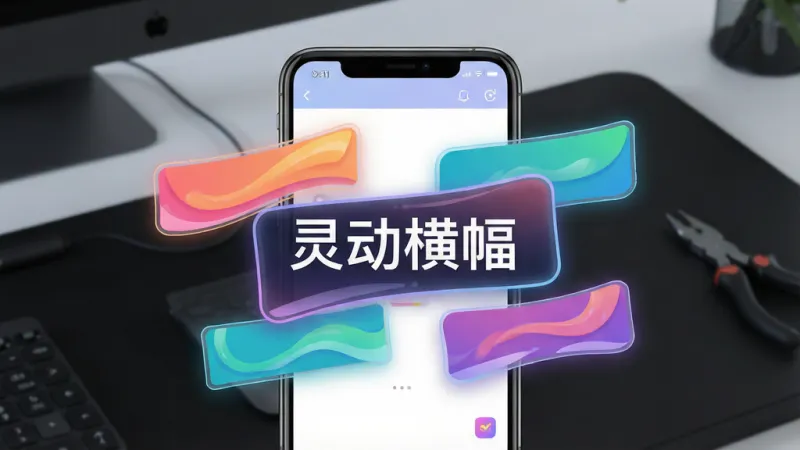 一张展示灵动横幅软件核心全貌的图片,画面中央是手机屏幕,屏幕上显示着色彩鲜艳的横幅设计界面,有多个横幅模板悬浮在界面中,背景是简洁的深色工作台,布局清晰,排版现代,风格为扁平化科技感,细节上带有发光边框和流畅的曲线,画质干净无多余元素,图片中带有文字“灵动横幅