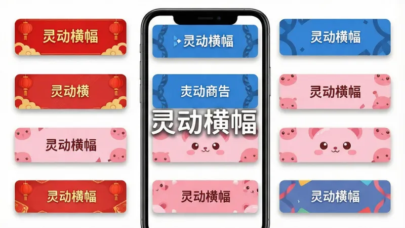一张展示灵动横幅模板库的图片,画面主体是手机屏幕,屏幕上整齐排列着多个不同风格的横幅模板缩略图,有红色喜庆的、蓝色商务的、粉色可爱的,布局为网格状,排版清晰,风格为明亮扁平化,细节上每个模板都有轻微的阴影和圆角,画质干净无多余元素,图片中带有文字“灵动横幅