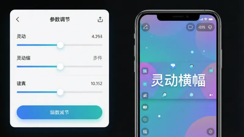 一张展示灵动横幅编辑界面的图片,画面左侧是参数调节面板,右侧是手机屏幕实时预览横幅效果,布局为左右分栏,排版简洁明了,风格为现代工具类应用,细节上滑块和按钮带有微光效果,画质干净无多余元素,图片中带有文字“灵动横幅