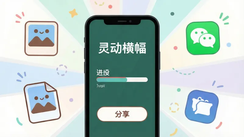 一张展示灵动横幅导出分享功能的图片,画面中手机屏幕显示导出进度条和分享按钮,周围有代表图片格式的图标和社交软件图标,布局为放射状,排版活泼,风格为轻快扁平化,细节上图标圆润可爱,画质干净无多余元素,图片中带有文字“灵动横幅