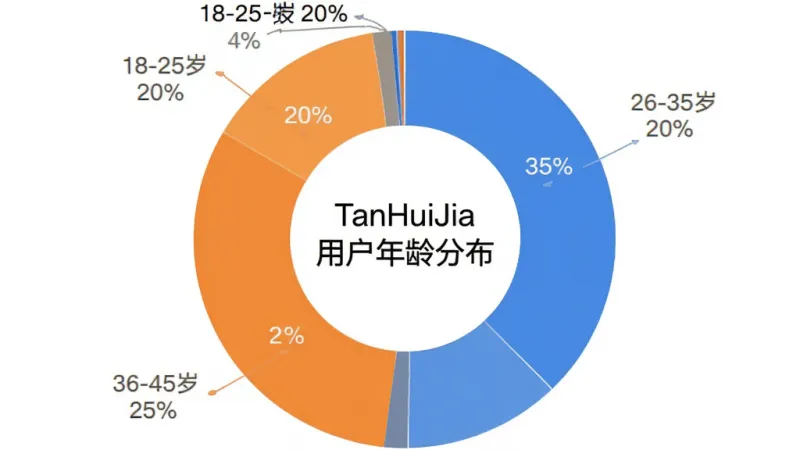 TanHuiJia 用户年龄分布饼状图,数据标注为18-25岁占比20%,26-35岁占比35%,36-45岁占比25%,46-60岁占比20%,图表采用蓝色和橙色配色,饼图中心显示“TanHuiJia 用户年龄分布”字样,风格简洁现代,画质干净无多余元素