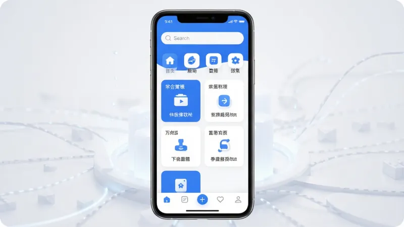 一张展示飞快科技软件主界面的图片,画面中央是手机屏幕,屏幕内显示飞快科技App的首页,顶部有搜索框和功能分类图标,中部是常用工具卡片式排列,底部是导航栏,整体以蓝白配色为主,风格简洁现代扁平化,图标圆润,画质清晰干净无多余元素,背景为浅灰色渐变,突出科技感和效率感。