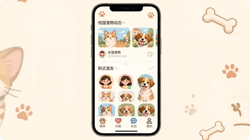 乐宠相伴App主界面全貌，主体是手机屏幕展示，布局顶部为校园宠物动态流，中间显示附近宠友头像和宠物照片，底部导航栏有领养、互助、社区、我的四个图标，排版清爽，风格温暖治愈系插画风，细节包含猫爪印和狗骨头小元素，画质高清，干净无多余元素