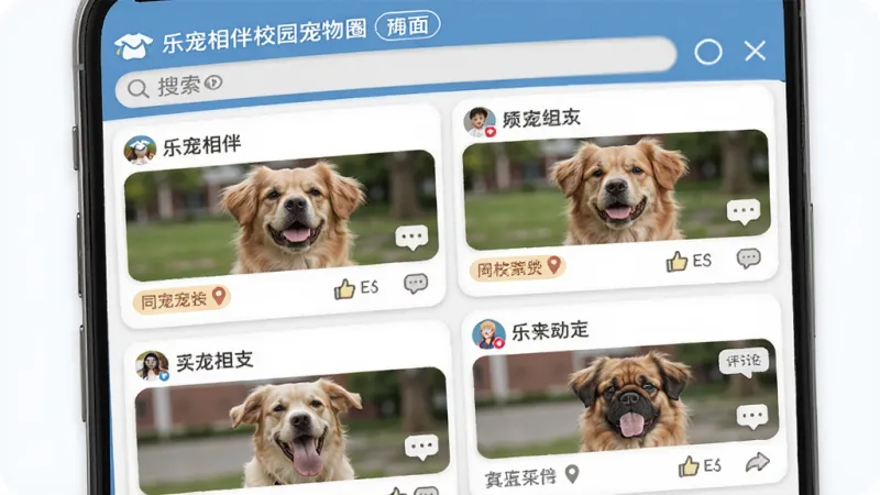 乐宠相伴校园宠物圈界面，主体是手机屏幕显示同校宠友动态列表，布局为顶部学校名称和搜索栏，中间是带宠物照片和定位标签的帖子卡片，排版采用双列瀑布流，风格清新校园风，细节包含点赞和评论气泡，画质清晰，干净无多余元素