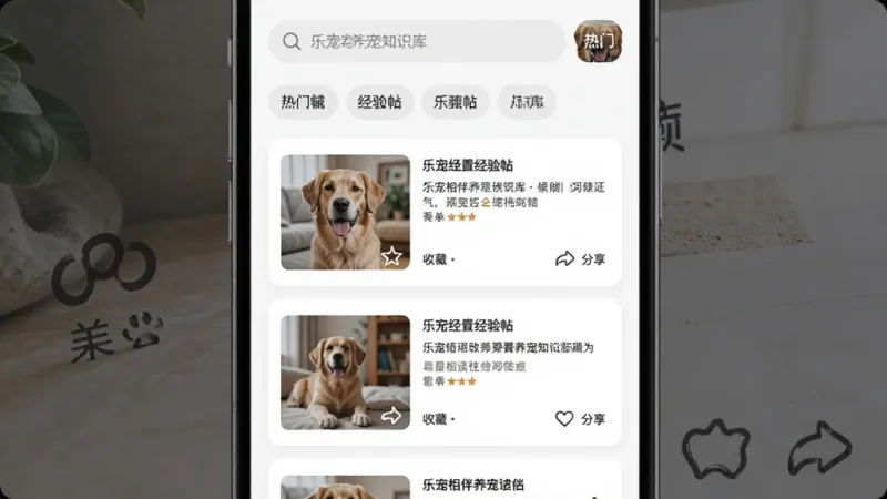 乐宠相伴养宠知识库页面，主体是手机屏幕展示文章列表，布局顶部为搜索框和热门标签，中间是图文并茂的经验帖卡片，排版采用单列卡片式，风格简约阅读风，细节包含收藏和分享图标，画质干净，无多余元素