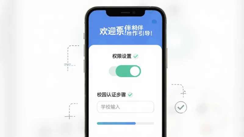 乐宠相伴新手操作引导页，主体是手机屏幕显示权限设置和校园认证步骤，布局为分步图示，顶部是欢迎语，中间是权限开关和学校输入框，排版采用上下结构，风格扁平化指引风，细节包含勾选图标和进度条，画质清晰，干净无多余元素