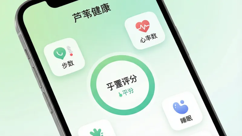 一张手机屏幕特写，屏幕里显示着“芦苇健康”App的主界面，背景是柔和的浅绿色和白色渐变，界面中间有一个醒目的圆形健康评分环，周围分布着步数、心率、睡眠等小卡片图标，风格简洁清新，细节圆润，画质干净，无多余元素