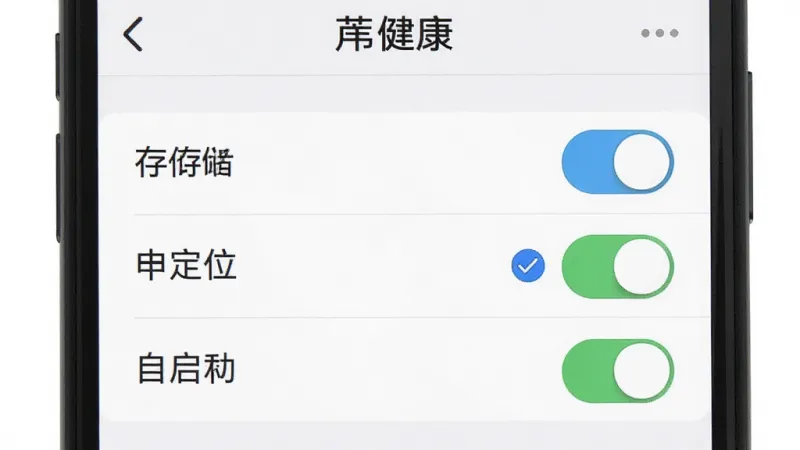 一张手机屏幕截图，画面显示“芦苇健康”的权限设置页面，上面有存储、定位、自启动三个权限开关，其中定位权限旁边有一个蓝色的小勾选标记，背景是纯白色，布局简洁，文字清晰，风格现代扁平，画质干净，无多余元素