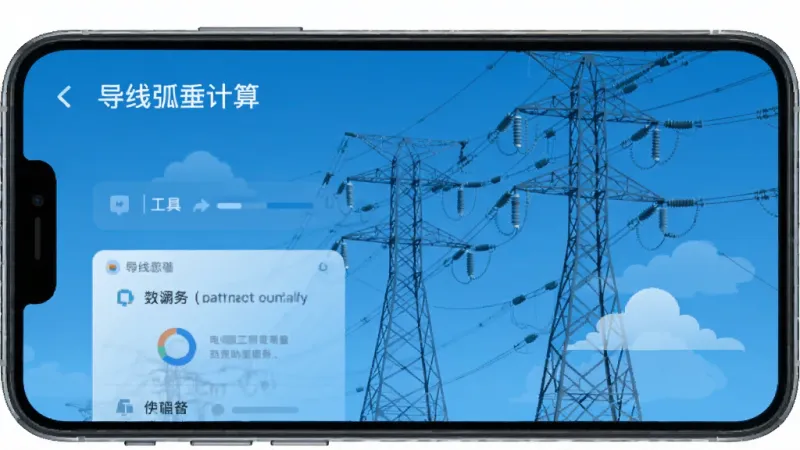 导线助手 电力工程测量计算工具 手机屏幕显示导线弧垂计算界面 背景是输电线路铁塔 蓝色科技感 布局清晰 现代扁平风格 画质干净 无多余元素