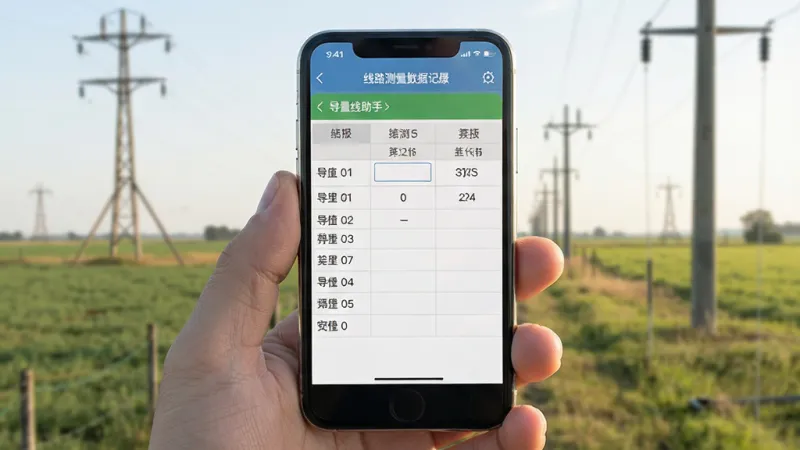 导线助手 线路测量数据记录界面 手机屏幕显示表格填写 背景是田野中的电杆 自然光 简洁实用风格 画质干净 无多余元素