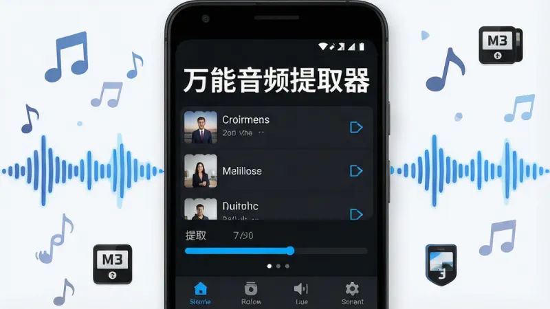 一张展示万能音频提取器软件核心全貌的宣传图,主体是一部安卓手机屏幕,屏幕中央显示万能音频提取器的应用界面,界面设计为深色主题搭配亮蓝色按钮,顶部有醒目的软件名称「万能音频提取器」文字标识,界面中间是音频文件列表和提取进度条,底部是功能导航栏。布局上手机居中放置,四周环绕着音符、音频波形、MP3图标等元素。风格为现代扁平化科技风,细节圆润干净,画质清晰无多余元素。