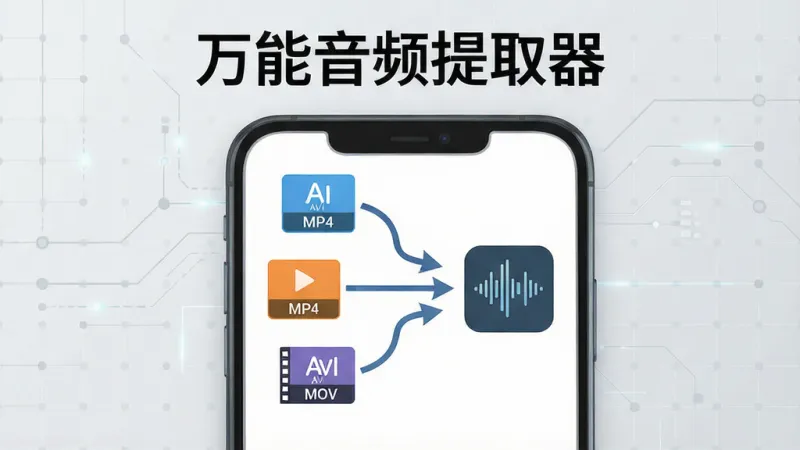 一张展示万能音频提取器多格式提取功能的示意图,画面主体是一个手机界面,屏幕内显示多个视频文件图标(MP4、AVI、MOV等)正通过箭头汇聚到一个音频波形图标上,顶部有「万能音频提取器」文字标识,背景为浅灰色科技网格纹理。布局简洁清晰,风格扁平化,细节干净,画质高清无多余元素。