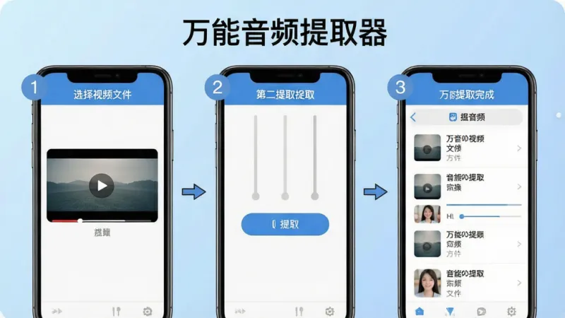 一张展示万能音频提取器新手操作步骤的示意图,画面主体是手机屏幕,屏幕上分三步显示操作流程:第一步选择视频文件,第二步点击提取按钮,第三步显示提取完成的音频文件列表。每一步都用数字标注,界面顶部有「万能音频提取器」文字标识,背景为浅蓝色渐变,风格简洁明了,细节干净,画质清晰无多余元素。
