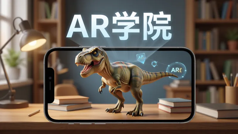 一张展示AR学院App核心界面的图片,画面中央是一个手机屏幕,屏幕里显示一只栩栩如生的3D恐龙站在书桌上,手机上方漂浮着AR学院四个大字,背景是温馨的书房环境,风格为科技教育风,细节清晰,画质干净,无多余元素