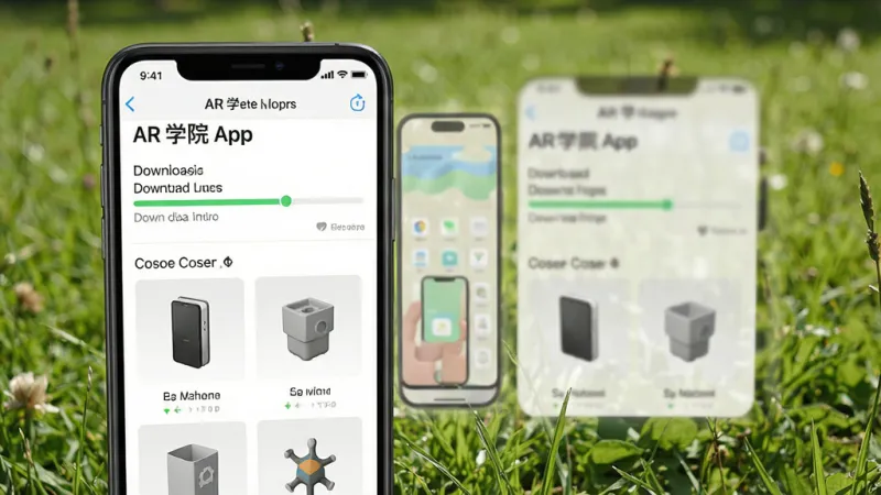 一张展示AR学院App离线缓存功能的图片,手机屏幕上显示下载进度条和已缓存的模型列表,背景是户外草地,风格为实用工具类App界面,细节清晰,画质干净,无多余元素