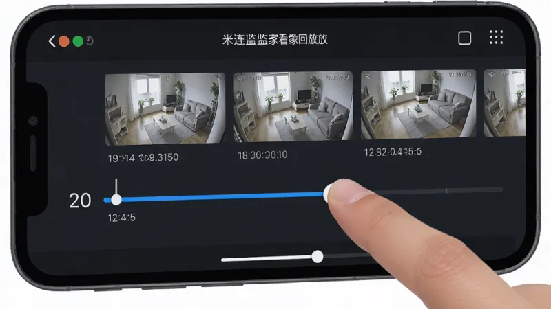 米连监控看家录像回放界面,手机屏幕显示时间轴和录像片段缩略图,用户手指正在拖拽进度条,画面中展示不同时间点的监控截图,界面简洁,深色背景配蓝色高亮时间轴,文字清晰,风格现代扁平,画质干净无多余元素