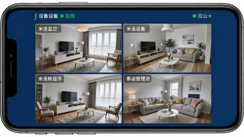 米连监控看家多设备管理界面,手机屏幕显示四个监控画面以四宫格排列,每个画面标注不同房间名称,顶部显示所有设备在线状态,界面布局整齐,深蓝色背景配白色文字,风格简洁专业,画质干净无多余元素
