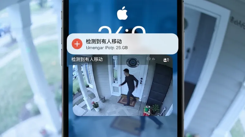 米连监控看家报警推送通知界面,手机锁屏界面弹出监控报警通知,显示抓拍图片和“检测到有人移动”文字,背景是家门口监控画面,风格写实,蓝白色调,画面干净,突出及时提醒功能