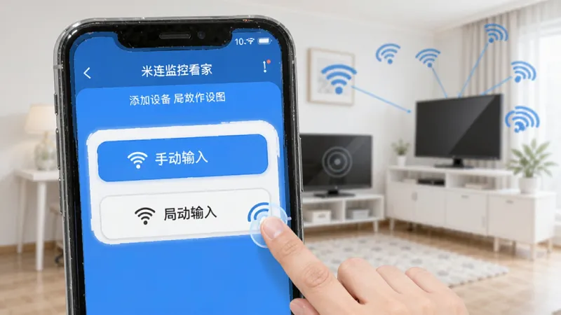米连监控看家添加设备操作指引图,手机屏幕显示添加设备界面,有局域网搜索和手动输入两个选项,旁边有手指点击的示意,背景是家庭网络环境,风格简洁明了,蓝白色调,画质清晰,突出操作步骤的简单易上手