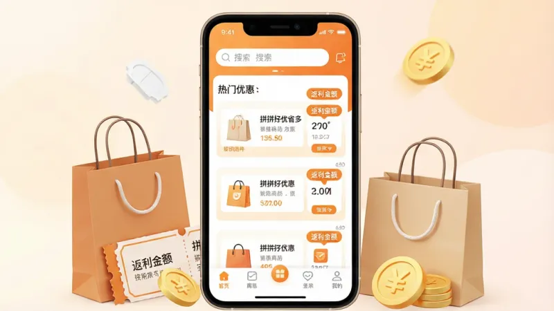 一张展示拼拼好优省多核心全貌的图片，画面中央是手机屏幕显示拼拼好优省多应用主界面，界面以暖橙色和白色为主色调，顶部有搜索框，中间展示热门商品优惠券列表和返利金额标签，底部导航栏清晰可见，手机周围散落着购物袋、优惠券、金币等元素，背景是柔和的浅色渐变，风格现代简洁，细节圆润干净，画质高清无多余元素