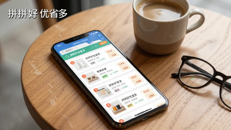 一张展示拼拼好优省多搜索功能的图片，画面中一部手机放置在木质桌面上，屏幕显示拼拼好优省多应用内的搜索结果页面，页面中清晰列出多个商品的优惠券信息，每个商品旁标注着可省金额和返利比例，手机旁边放着一杯咖啡和一副眼镜，光线柔和自然，风格生活化且干净，画质清晰，图片中带有文字